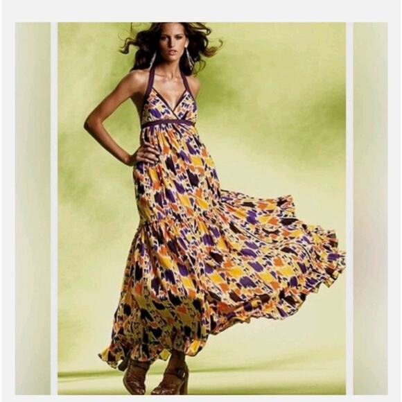 Moda International Multi Color Halter Deep V-Neck Cotton Maxi Dress Size SM. - Picture 1 of 6